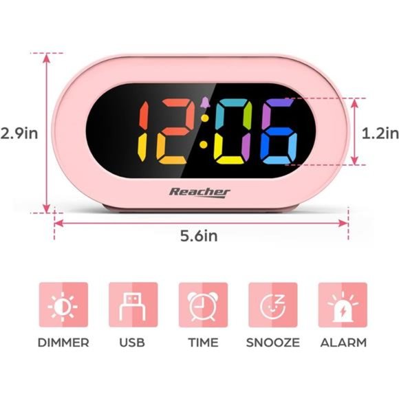 Pink Girls Alarm Clock, Dimmable Colorful LED Digital Display, USB Phone Charger - Picture 4 of 7